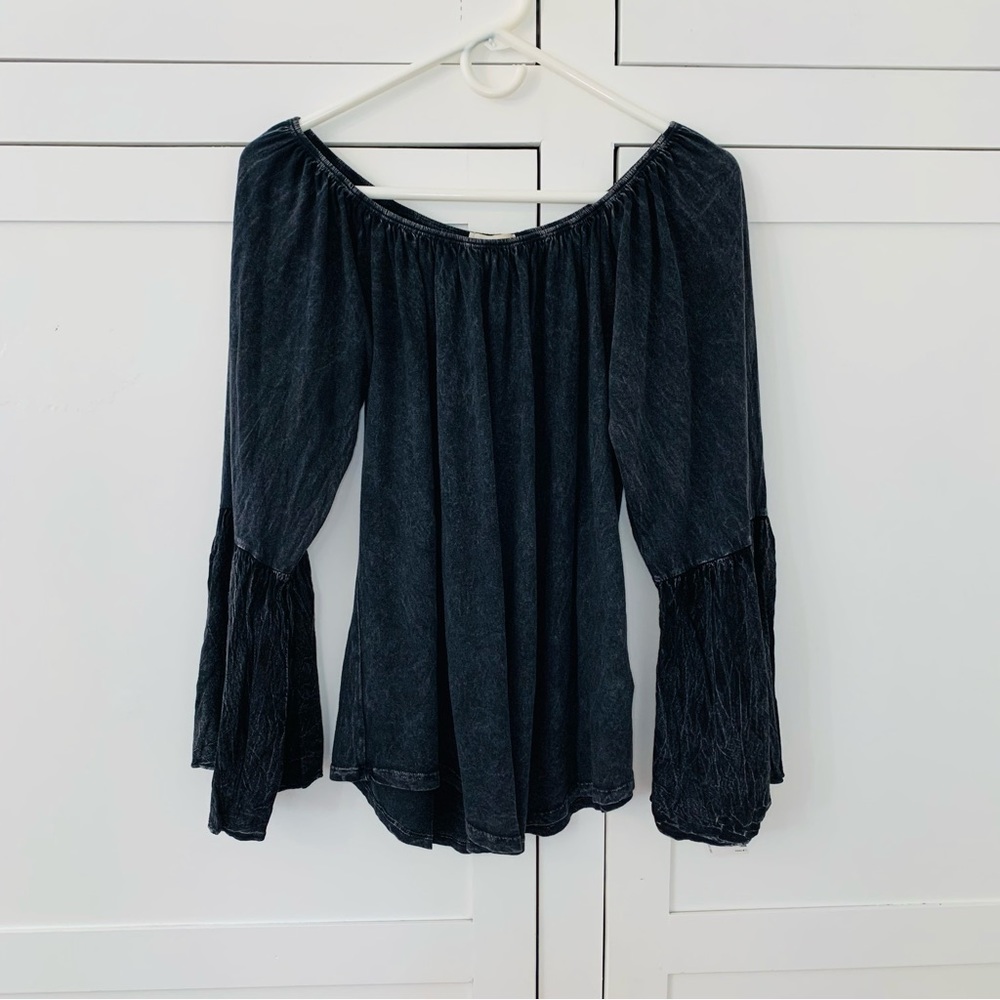 Rock Etiquette Faded Black Off The Shoulder Bell Sleeve Top Size Small